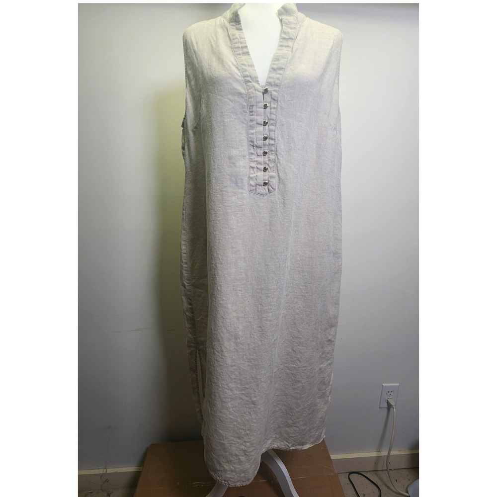 Sail to Sable 100% Linen Maxi Dress XL Sleeveless Side Slits V-Neck Gold Buttons